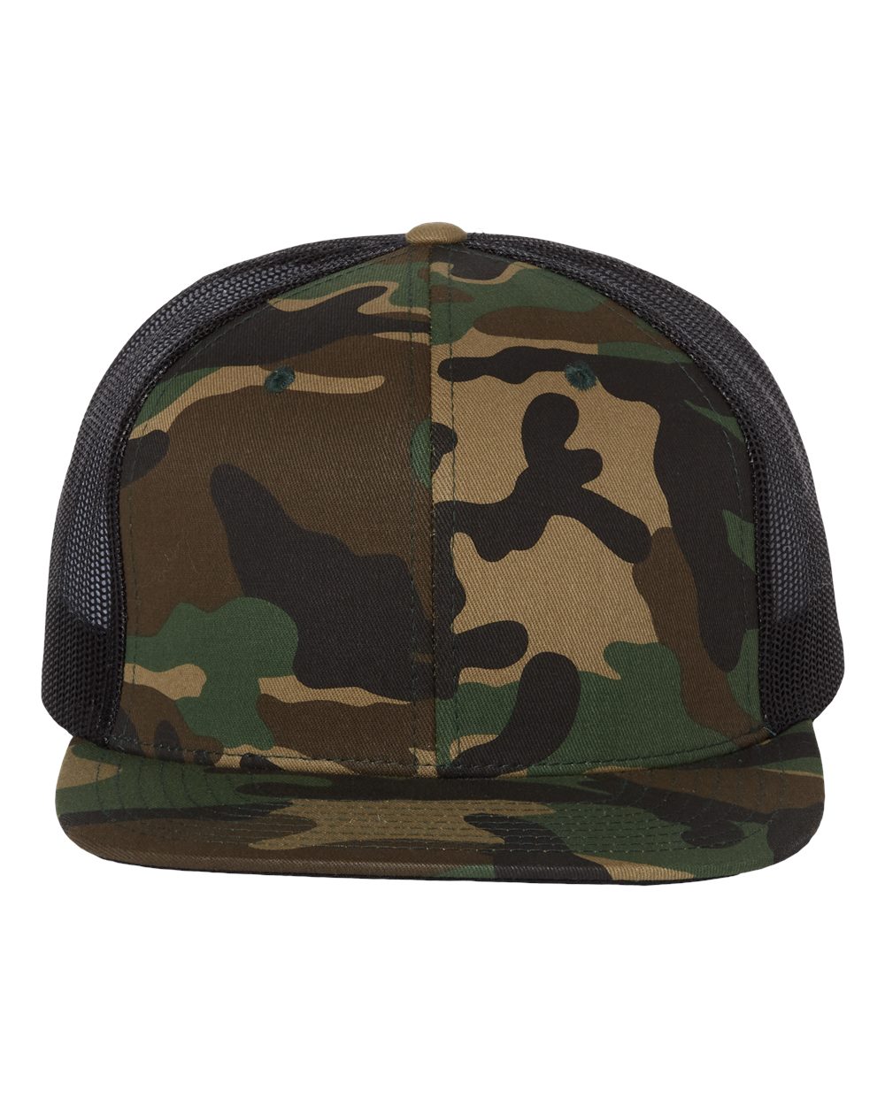 Front View of Green Camo/ Black Wool Blend Flat Bill Trucker Cap - 511