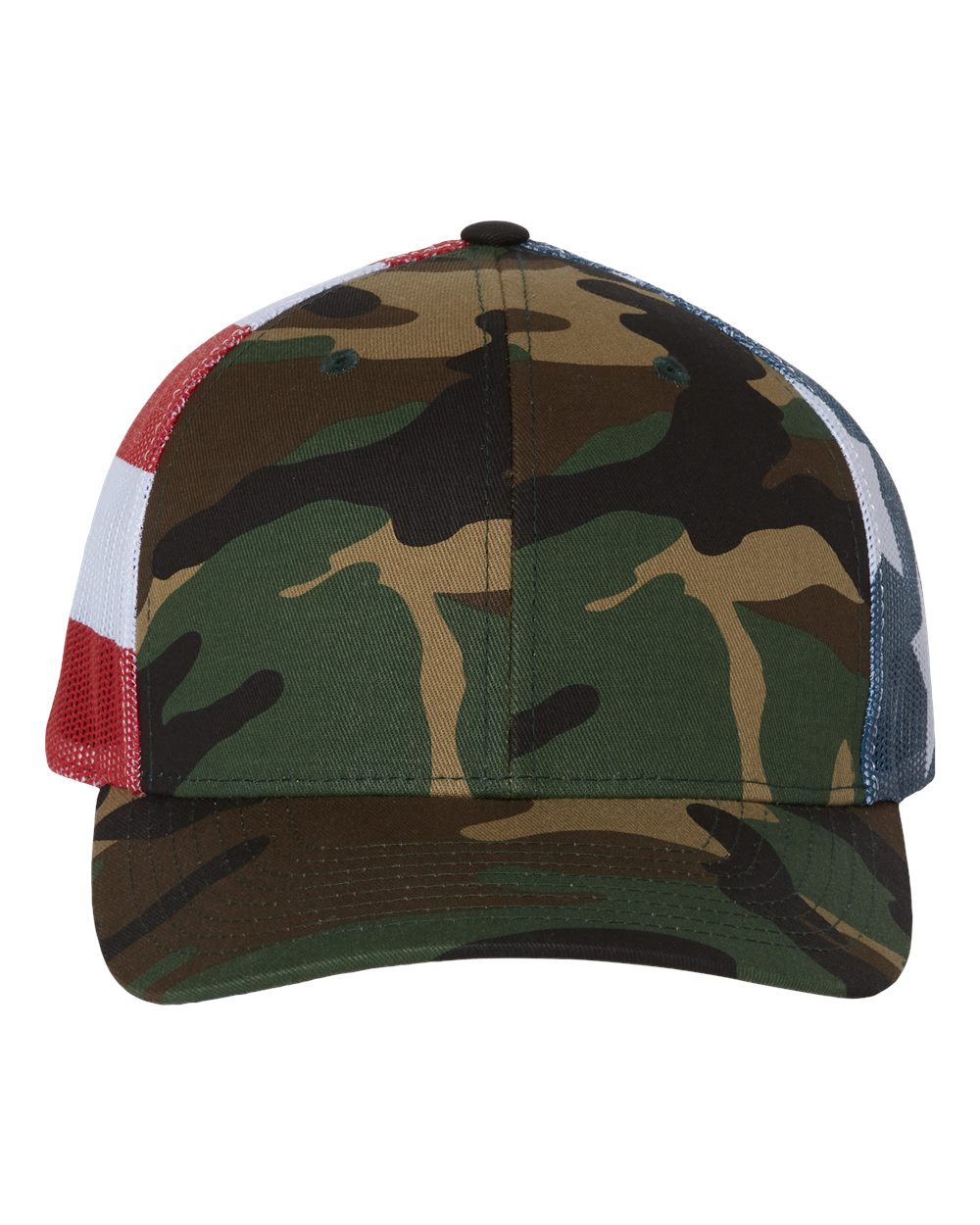 Front View of Green Camo/ Stars & Stripes Printed Mesh Trucker Cap - 112PM