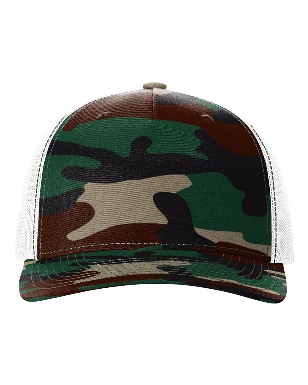 Front View of Green Camo/ White Five-Panel Printed Trucker Cap - 112PFP