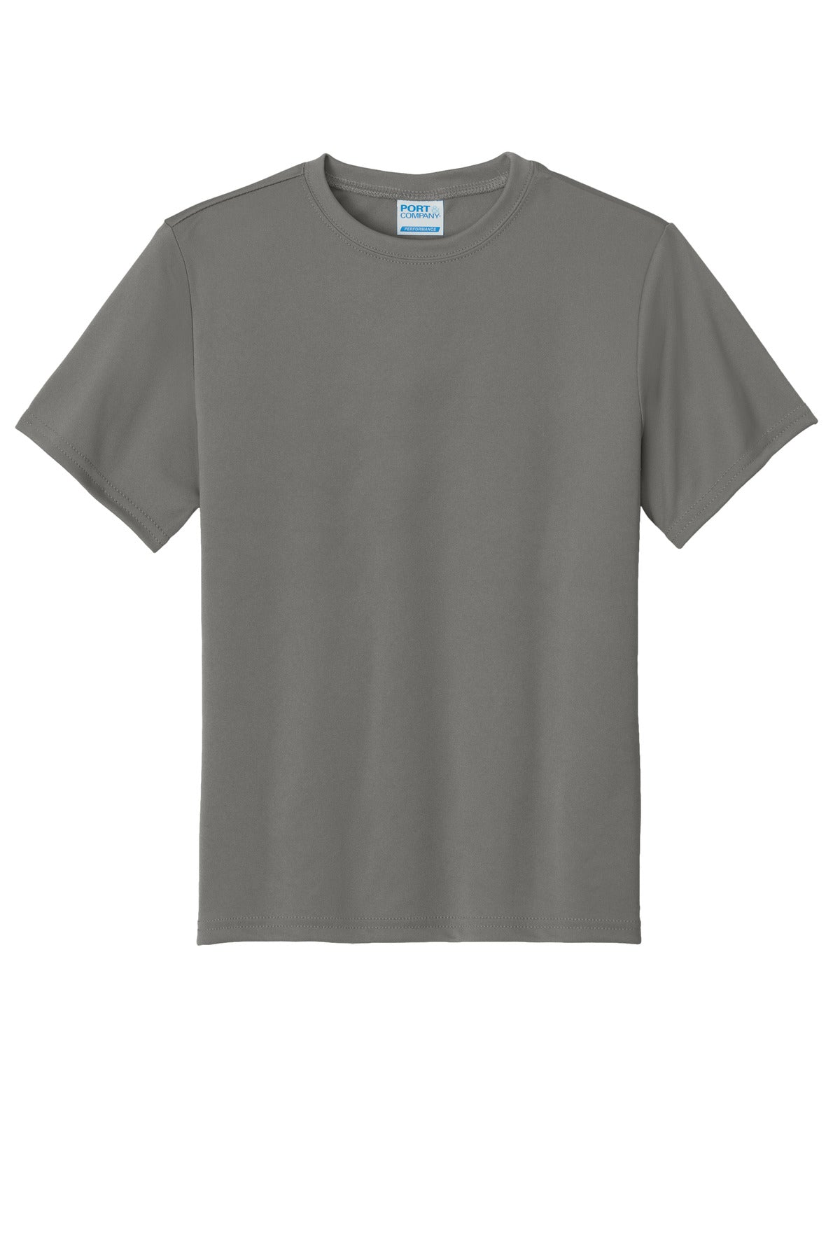 Front View of Grey Concrete Port & Co Youth Performance Tee. PC380Y