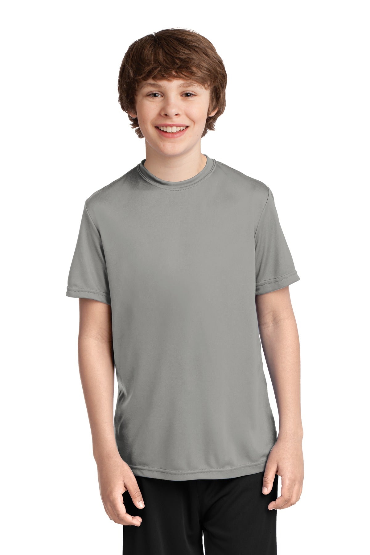 Front View of Grey Concrete Port & Co Youth Performance Tee. PC380Y