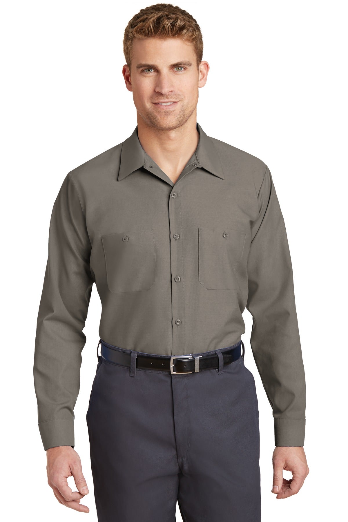 Front View of Grey Red Kap Long Sleeve Industrial Work Shirt. SP14