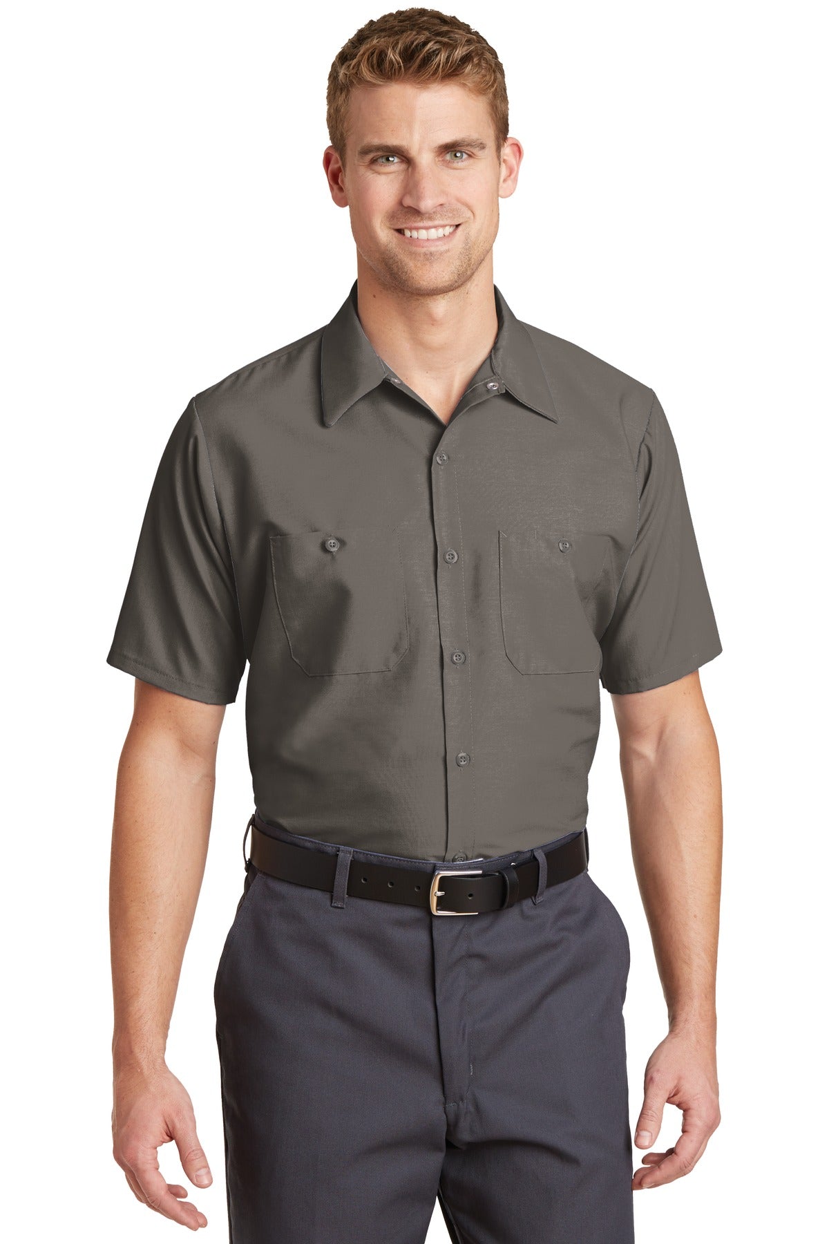 Front View of Grey Red Kap Short Sleeve Industrial Work Shirt. SP24
