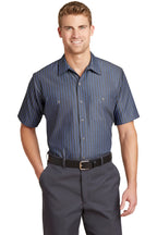 Front View of Grey/Blue Red Kap Short Sleeve Striped Industrial Work Shirt. CS20
