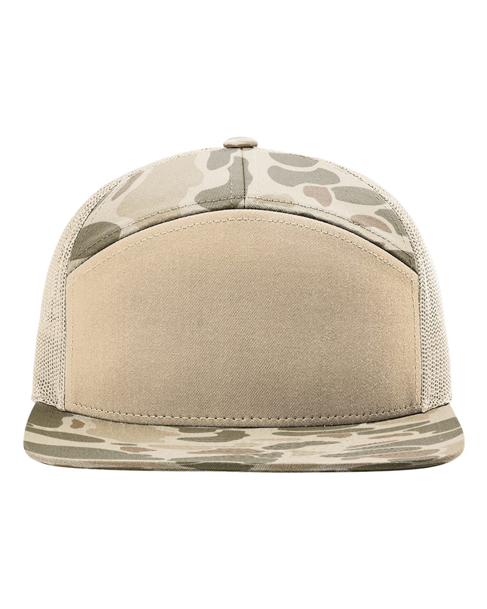 Front View of Harvest Duck Camo/ Sandstone Printed Seven-Panel Trucker Cap - 168P