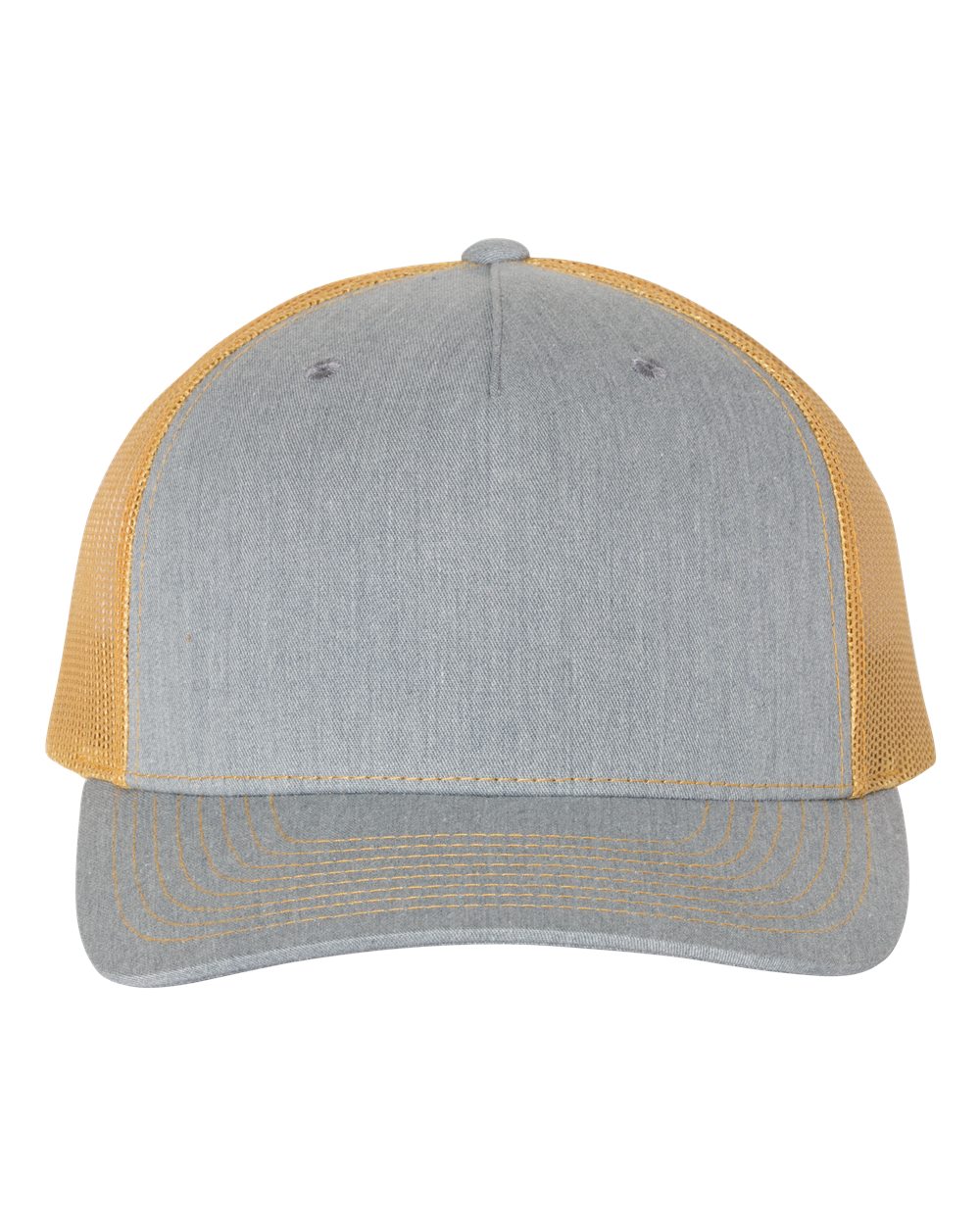 Front View of Heather Grey/ Amber Gold Five-Panel Trucker Cap - 112FP