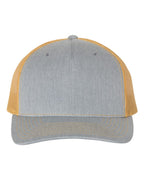 Front View of Heather Grey/ Amber Gold Five-Panel Trucker Cap - 112FP
