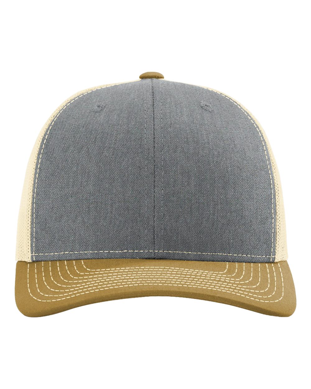 Front View of Heather Grey/ Birch/ Amber Gold Snapback Trucker Cap - 112