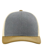 Front View of Heather Grey/ Birch/ Amber Gold Snapback Trucker Cap - 112