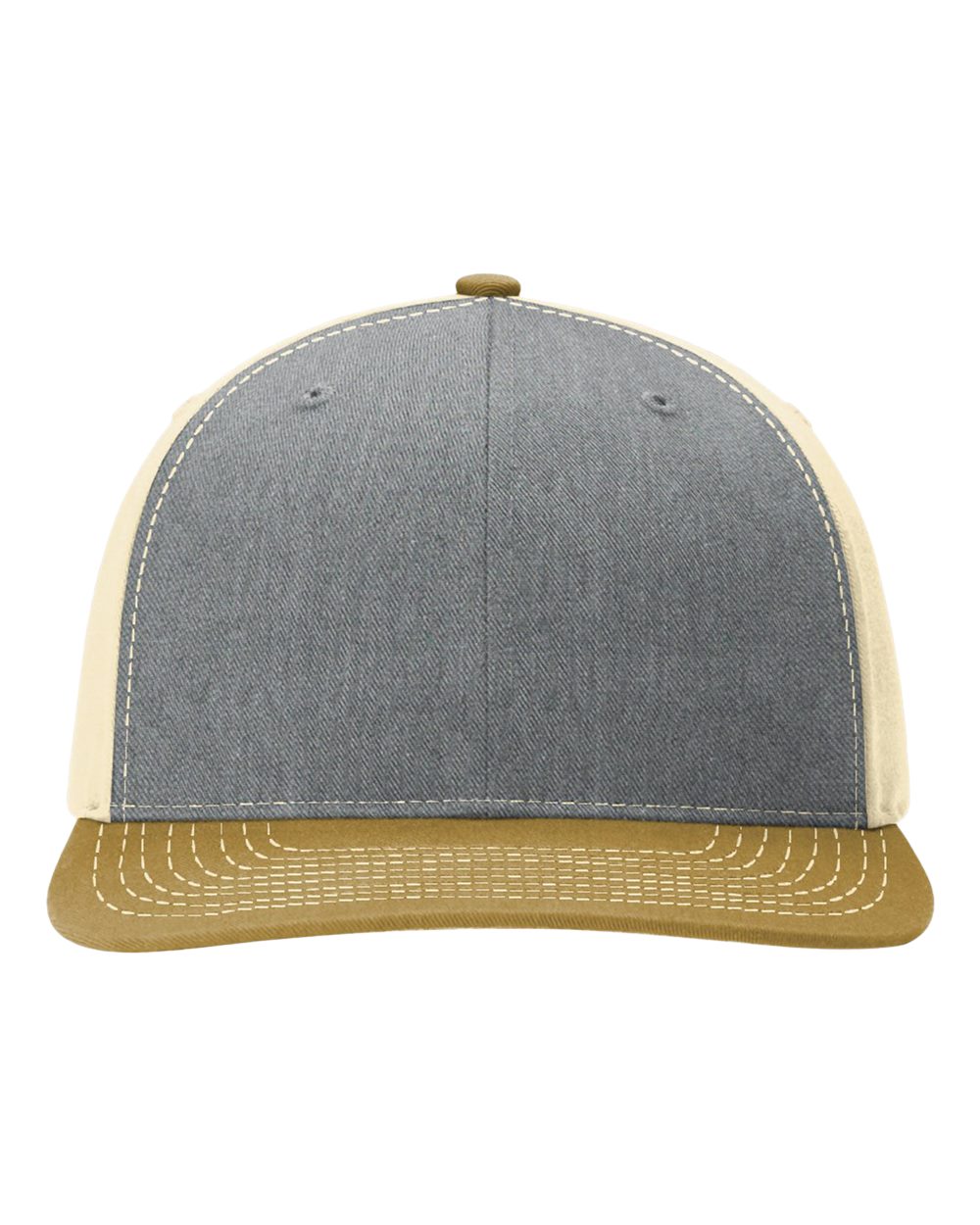Front View of Heather Grey/ Birch/ Amber Gold Twill Back Trucker Cap - 312