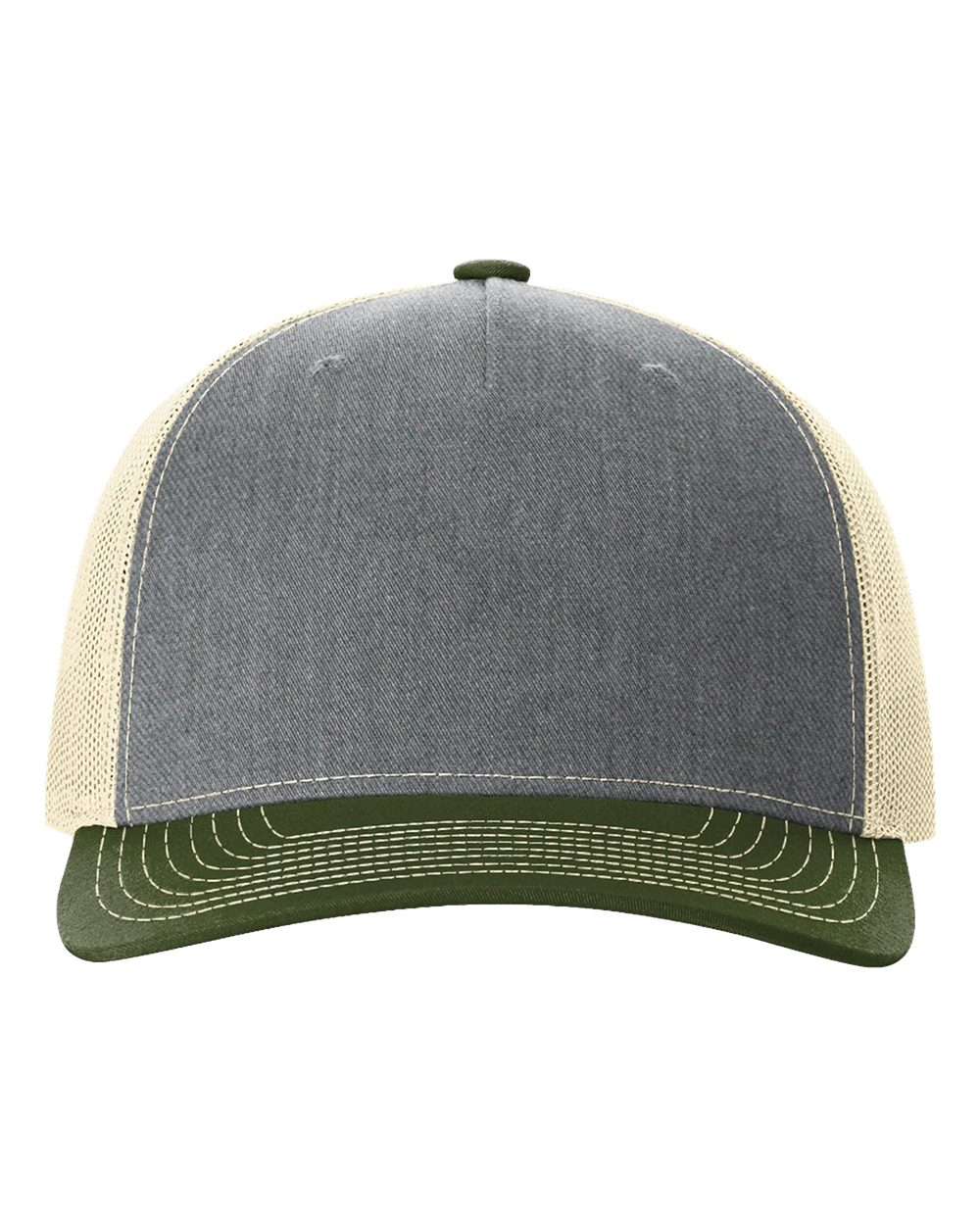 Front View of Heather Grey/ Birch/ Army Olive Five-Panel Trucker Cap - 112FP