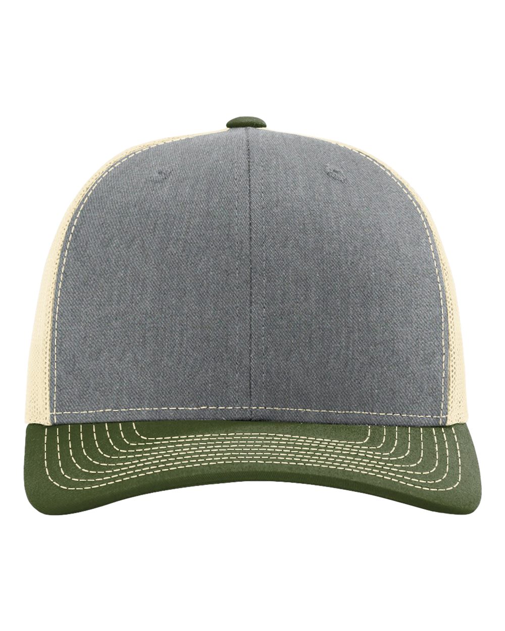Front View of Heather Grey/ Birch/ Army Olive Snapback Trucker Cap - 112