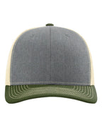Front View of Heather Grey/ Birch/ Army Olive Snapback Trucker Cap - 112