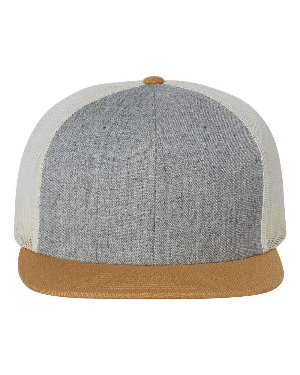 Front View of Heather Grey/ Birch/ Biscuit Wool Blend Flat Bill Trucker Cap - 511