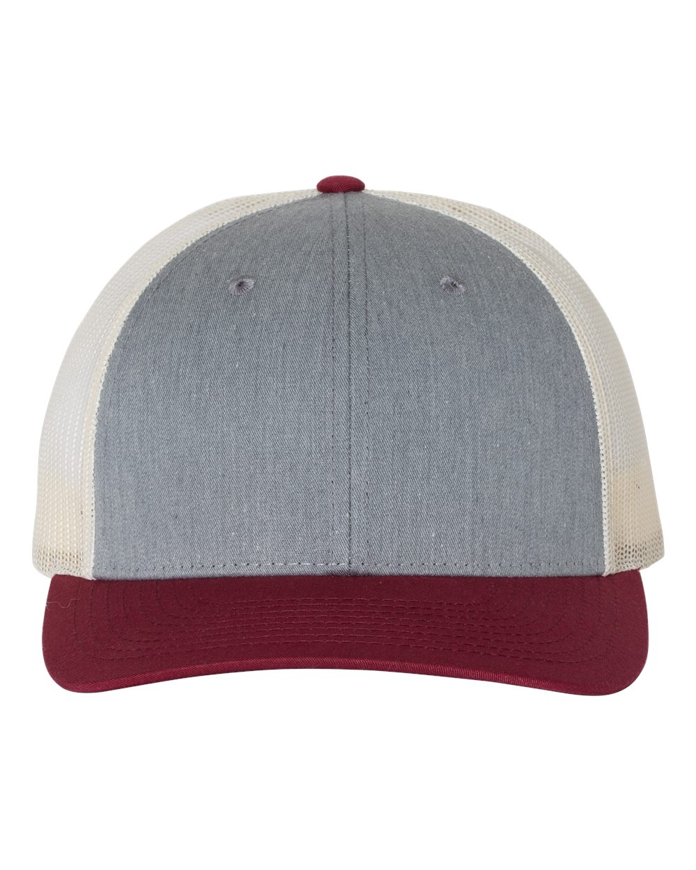Front View of Heather Grey/ Birch/ Cardinal Low Pro Trucker Cap - 115