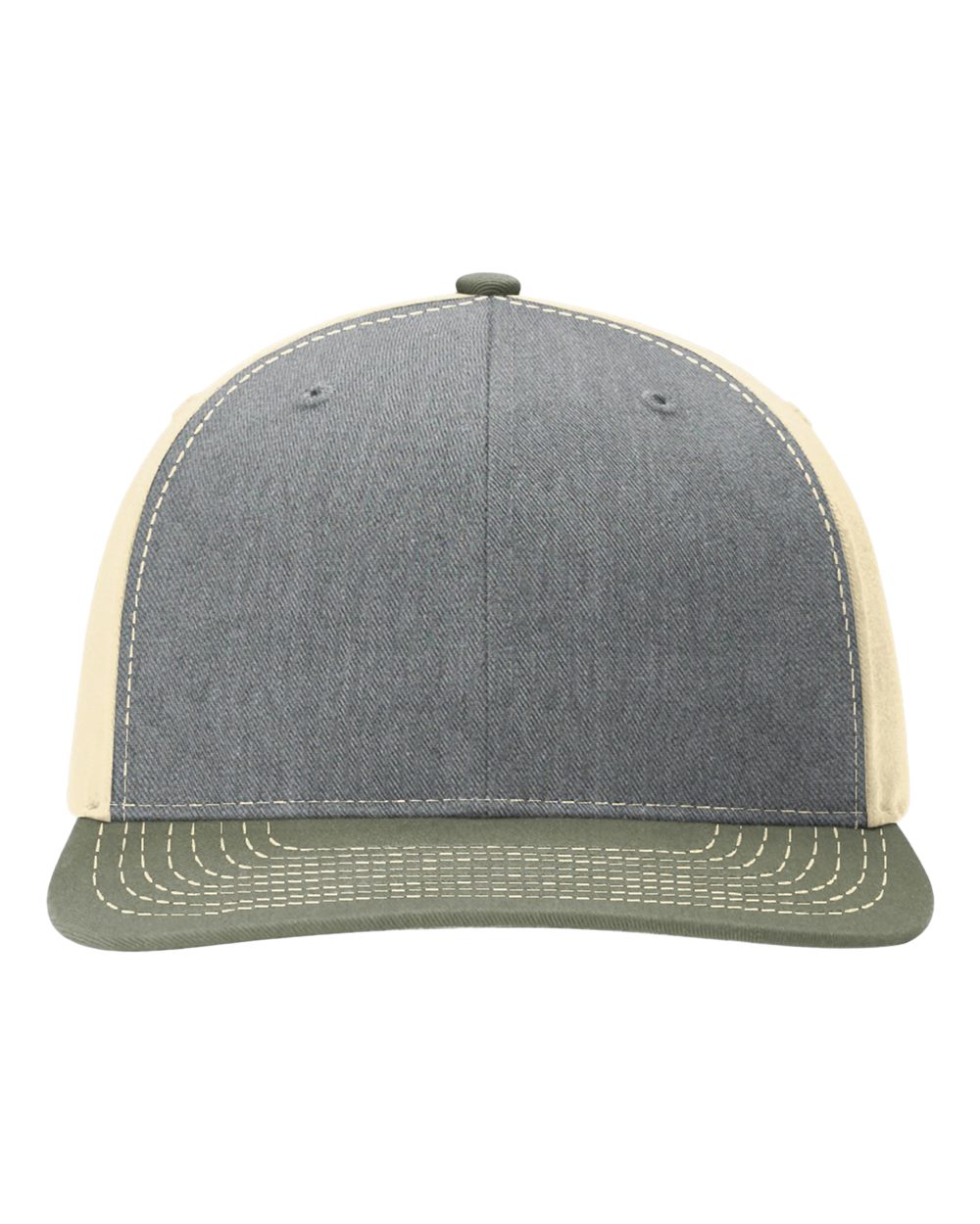 Front View of Heather Grey/ Birch/ Loden Twill Back Trucker Cap - 312