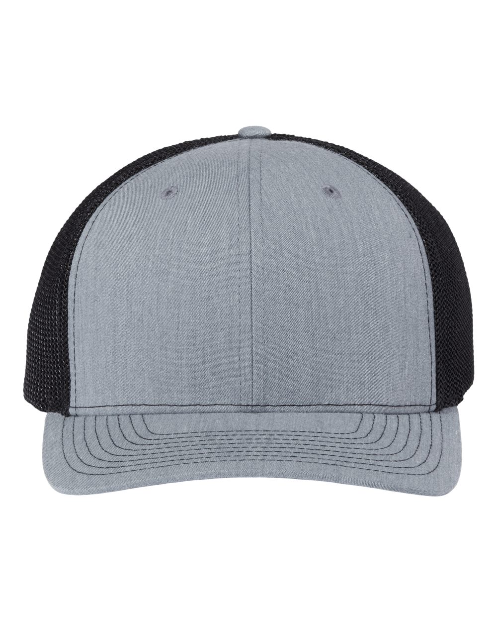 Front View of Heather Grey/ Black 112+ R-Flex Adjustable Trucker Cap - 112PL