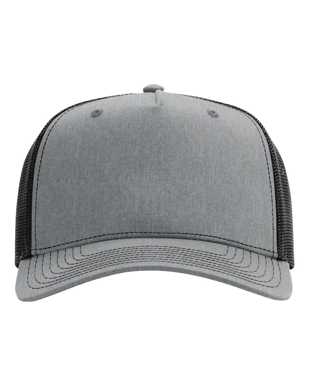 Front View of Heather Grey/ Black Five-Panel Champ Trucker Cap - 112FPC