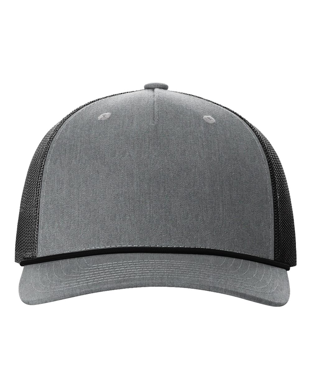Front View of Heather Grey/ Black Five-Panel Trucker with Rope Cap - 112FPR