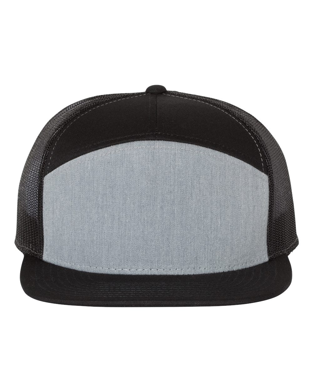 Front View of Heather Grey/ Black Seven-Panel Trucker Cap - 168