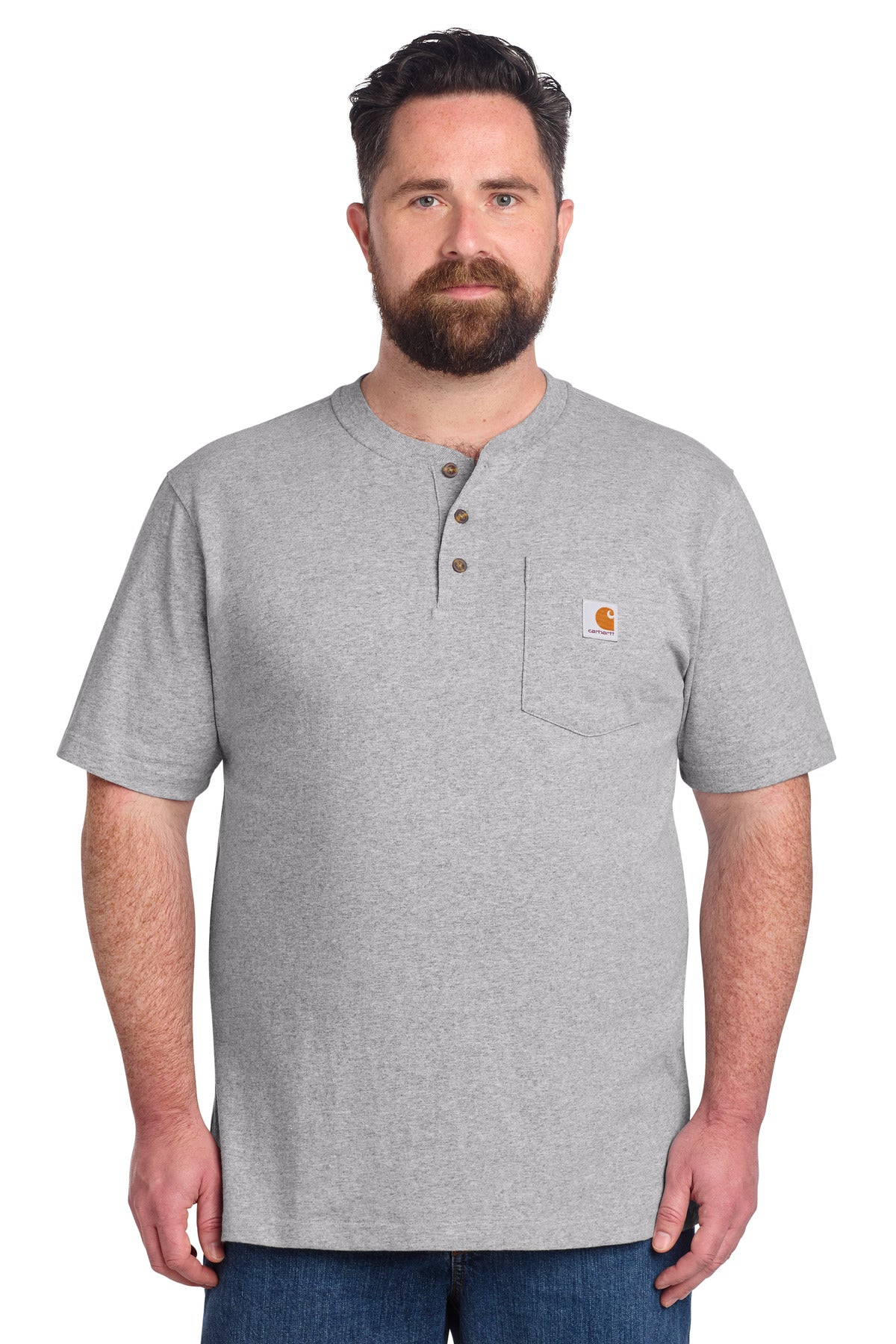 Front View of Heather Grey Carhartt Short Sleeve Henley T-Shirt CTK84