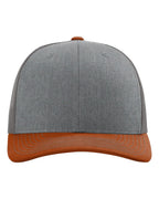 Front View of Heather Grey/ Charcoal/ Dark Orange Snapback Trucker Cap - 112