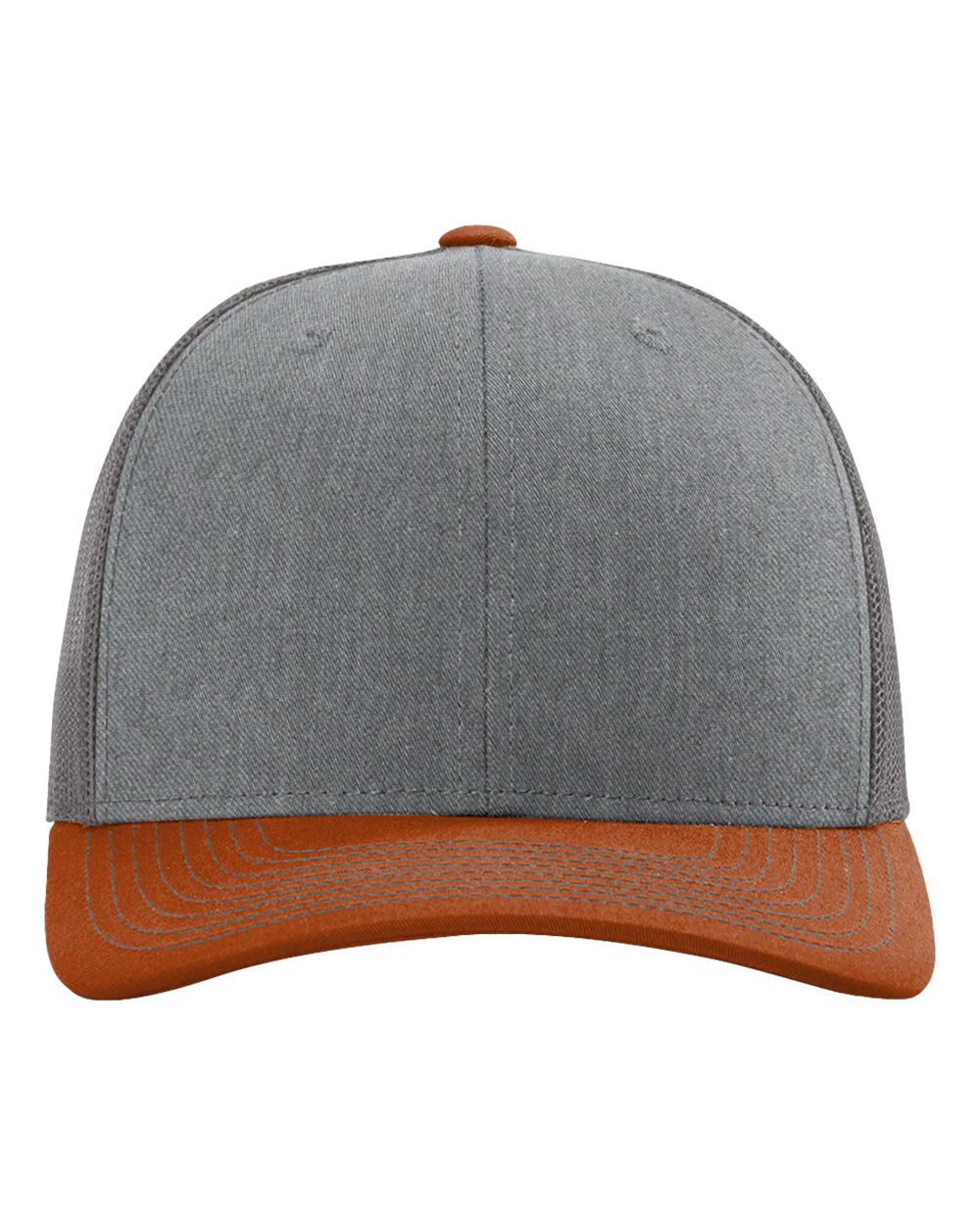 Front View of Heather Grey/ Charcoal/ Dark Orange Snapback Trucker Cap - 112