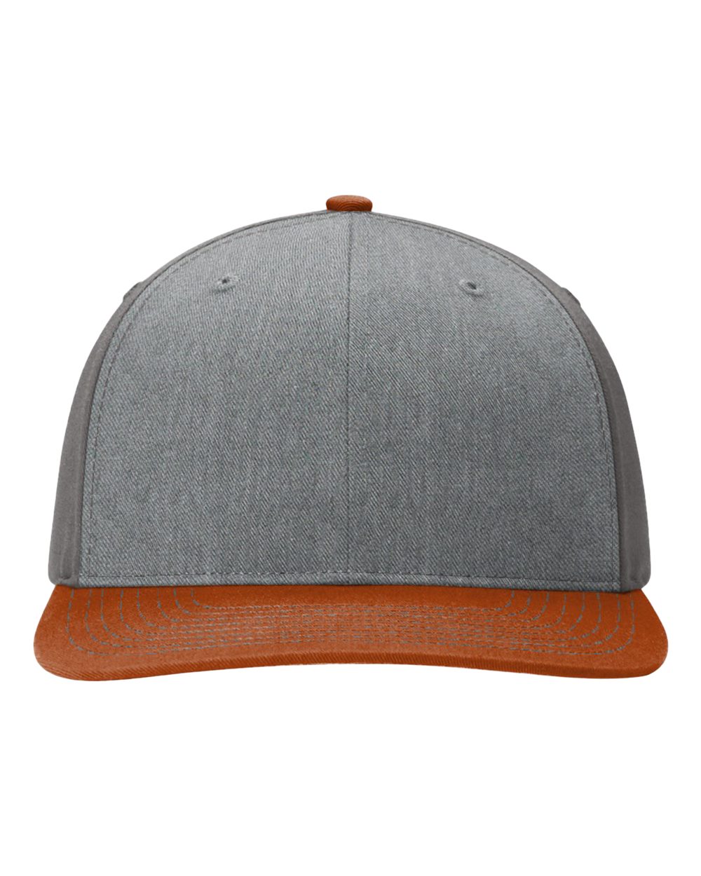 Front View of Heather Grey/ Charcoal/ Dark Orange Twill Back Trucker Cap - 312
