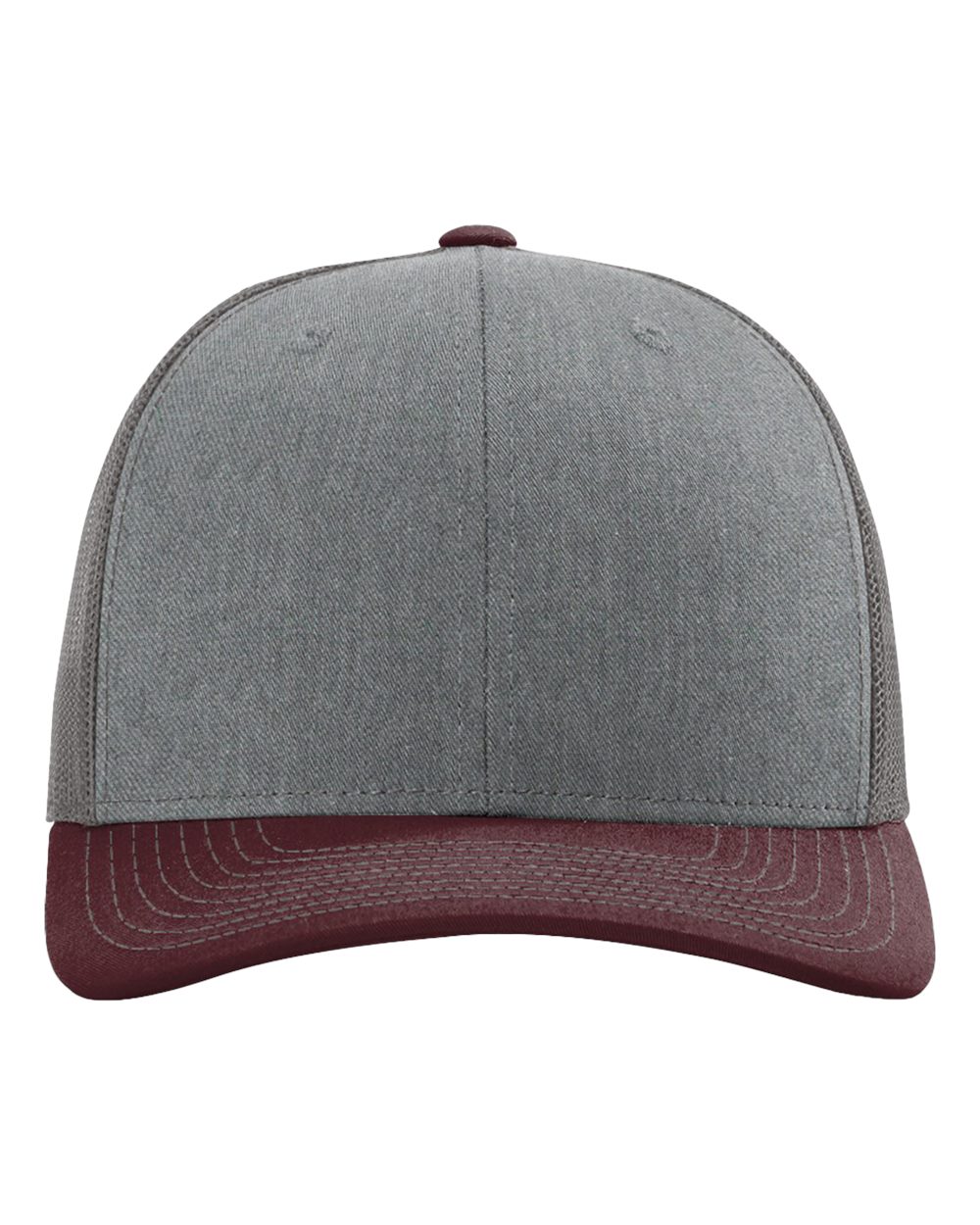 Front View of Heather Grey/ Charcoal/ Maroon Snapback Trucker Cap - 112