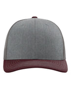 Front View of Heather Grey/ Charcoal/ Maroon Snapback Trucker Cap - 112