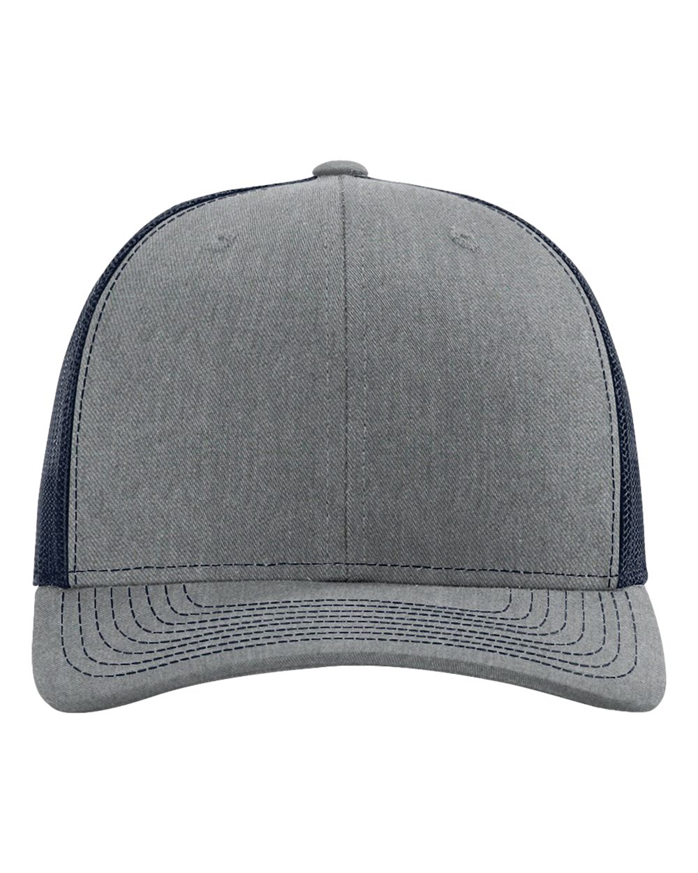 Front View of Heather Grey/ Navy Snapback Trucker Cap - 112