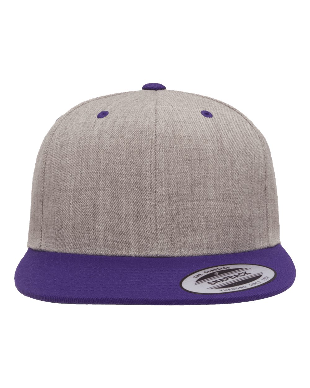 Front View of Heather Grey/ Purple Premium Flat Bill Snapback Cap - 6089M