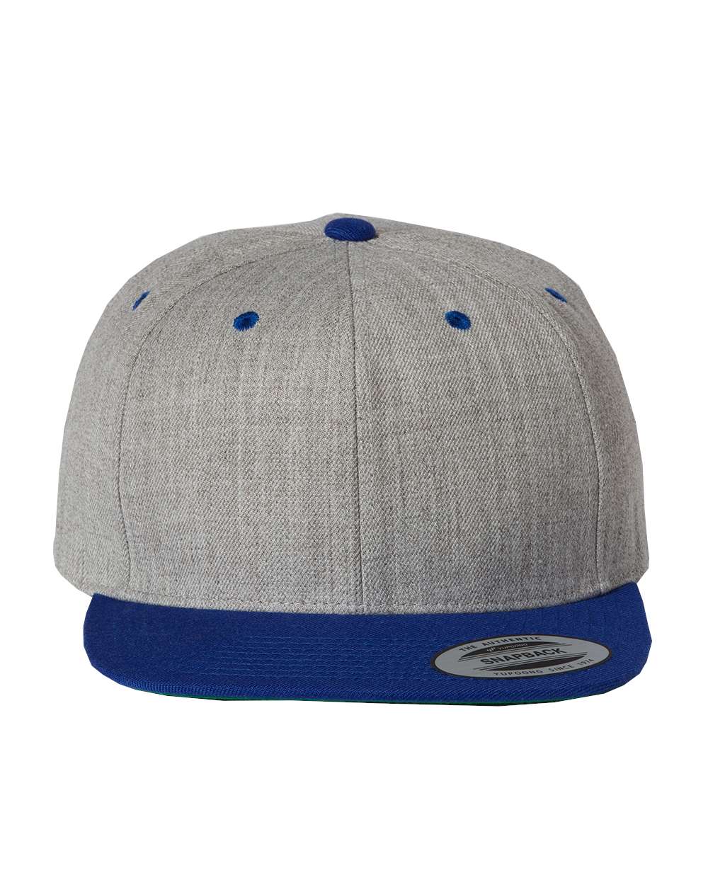 Front View of Heather Grey/ Royal Premium Flat Bill Snapback Cap - 6089M