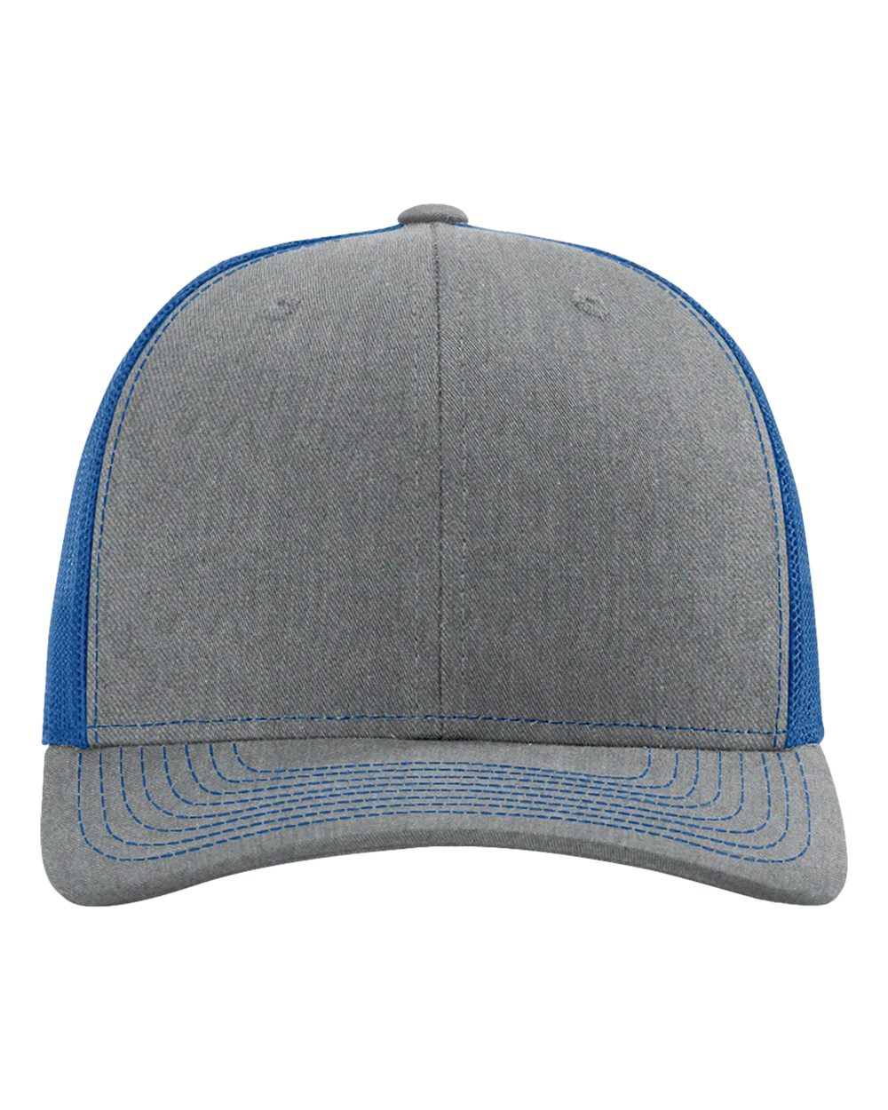 Front View of Heather Grey/ Royal Snapback Trucker Cap - 112