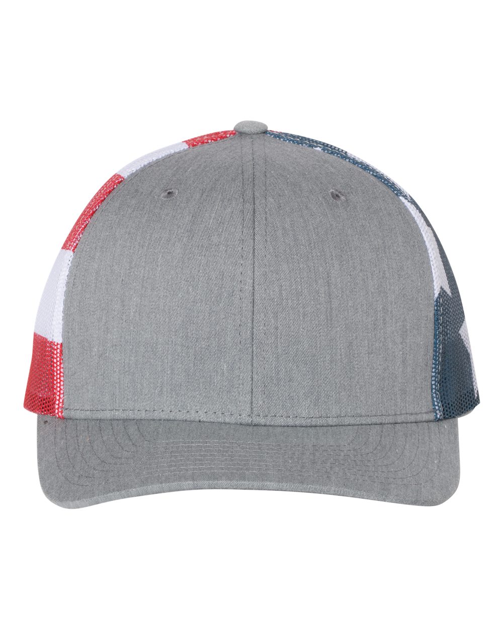 Front View of Heather Grey/ Stars & Stripes Printed Mesh Trucker Cap - 112PM