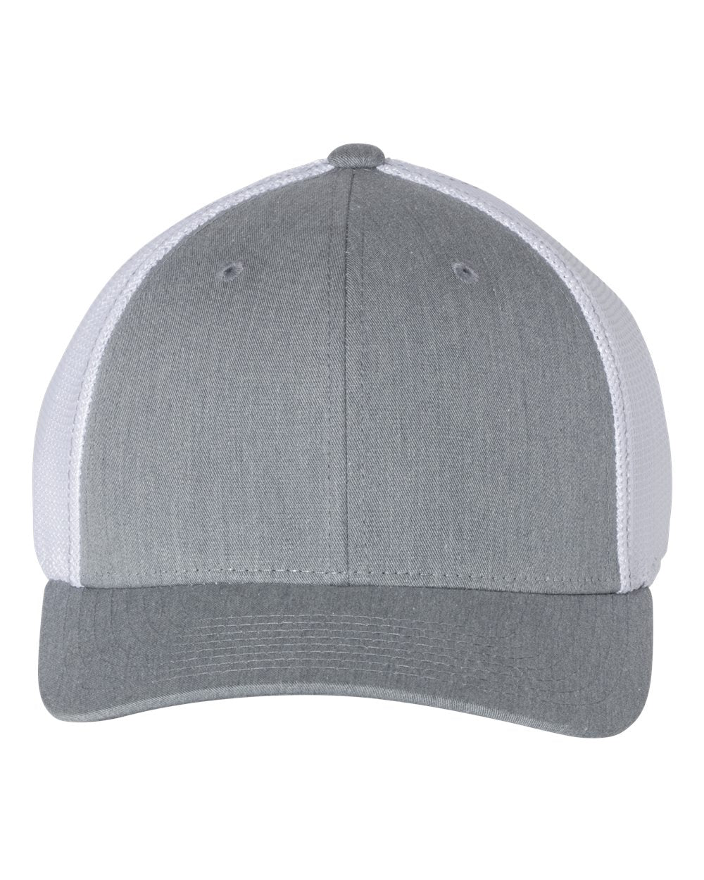 Front View of Heather Grey/ White R-Flex Trucker Cap - 110
