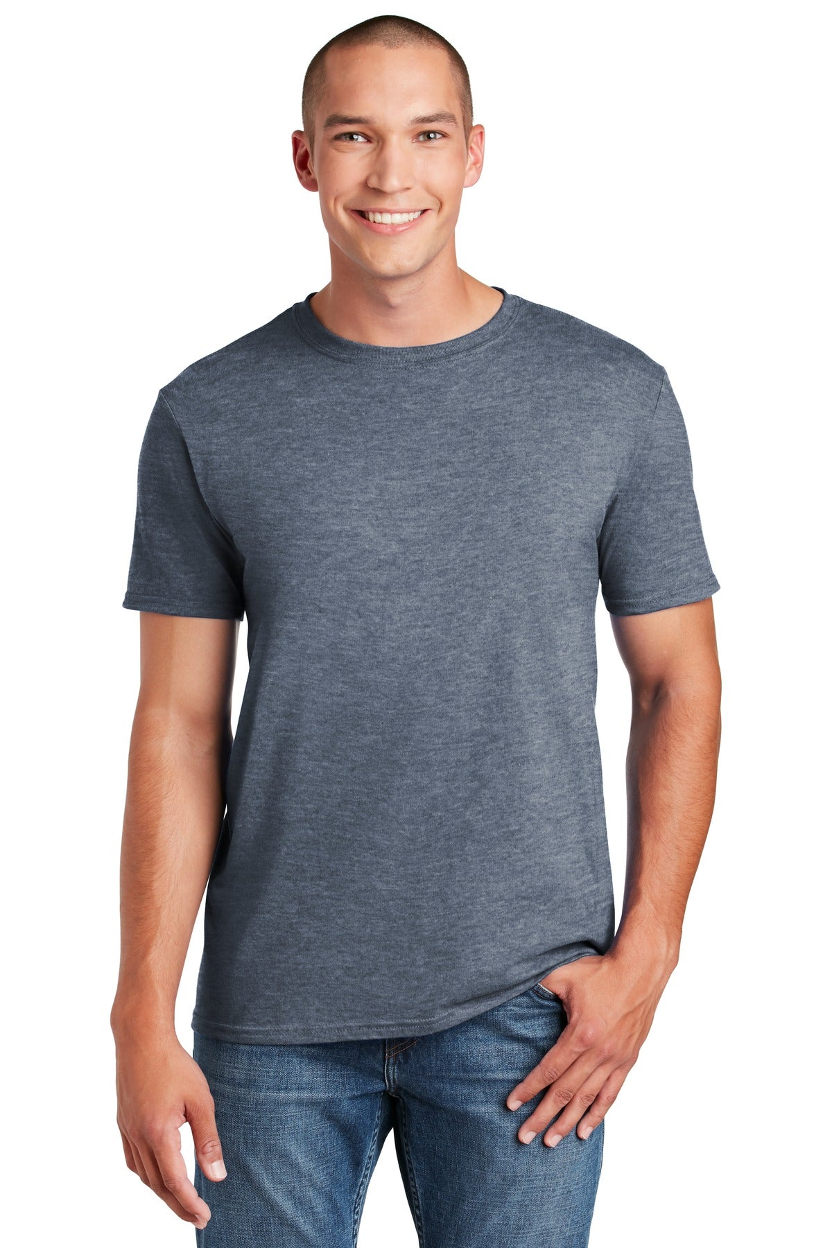 Front View of Heather Indigo Gildan Softstyle T-Shirt. 64000