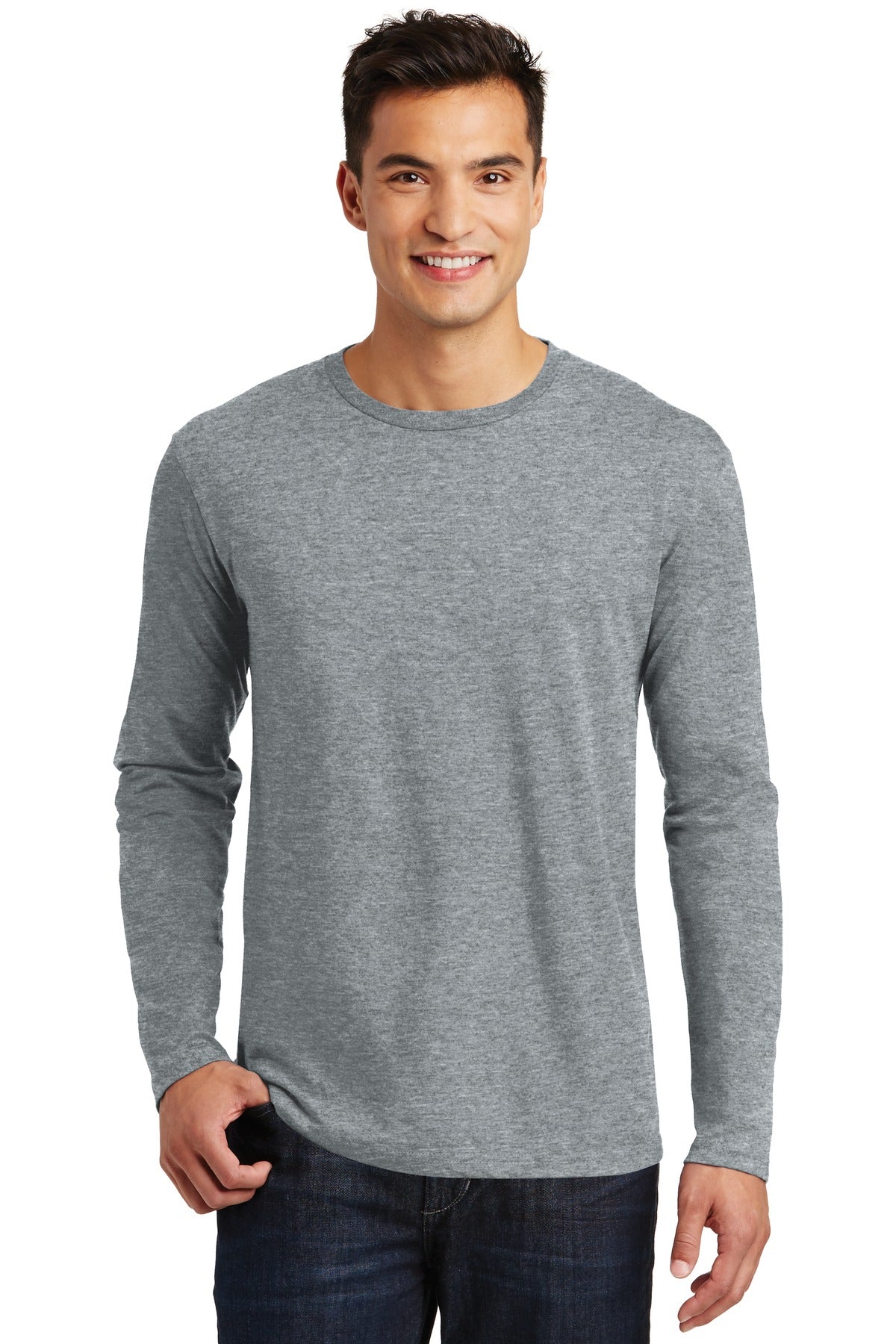 Front View of Heather Steel District Perfect Weight Long Sleeve Tee. DT105