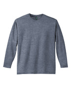 Front View of Heathered Navy District Perfect Weight Long Sleeve Tee. DT105
