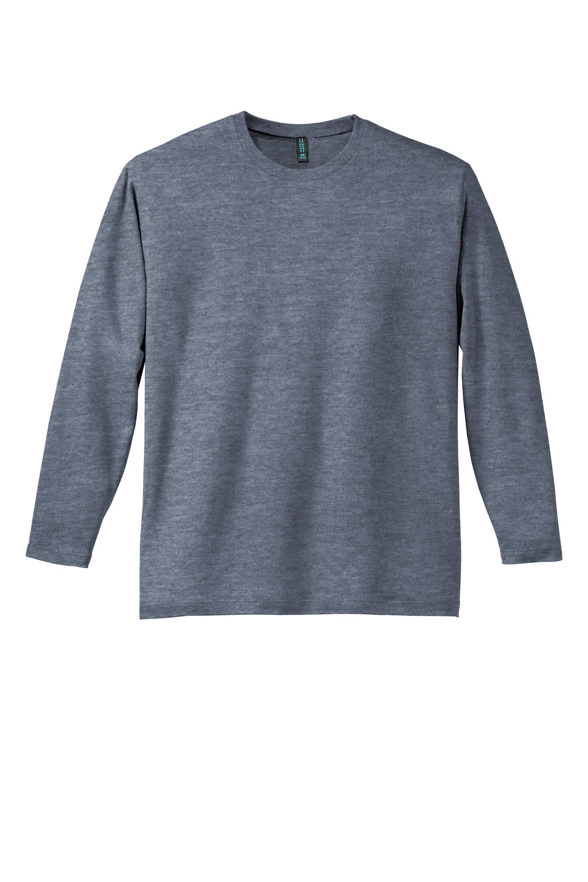 Front View of Heathered Navy District Perfect Weight Long Sleeve Tee. DT105
