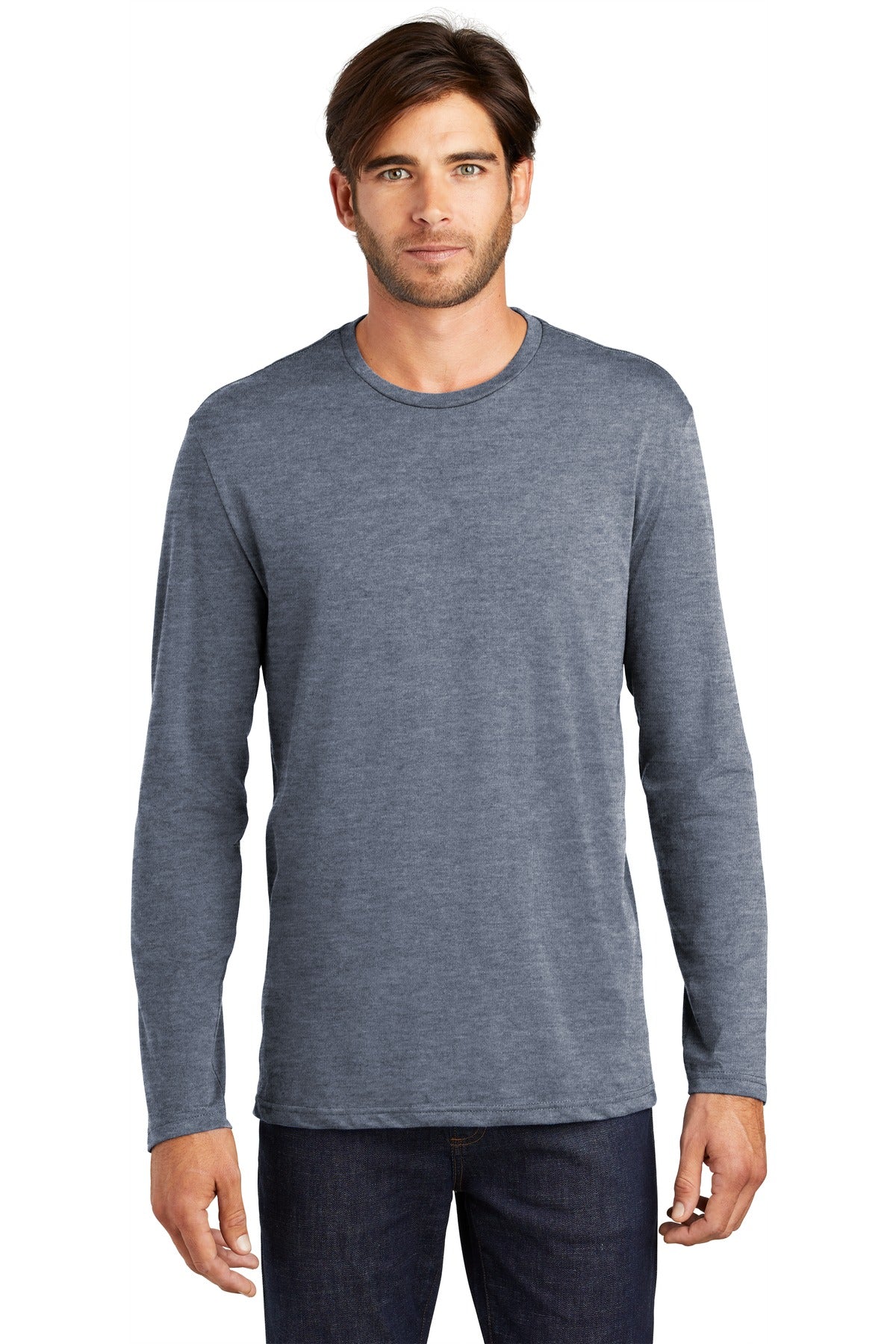 Front View of Heathered Navy District Perfect Weight Long Sleeve Tee. DT105