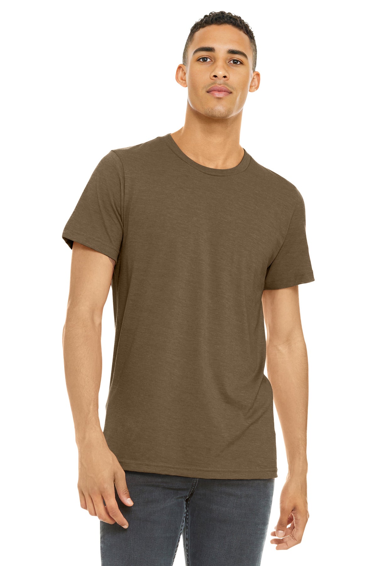 Front View of Ht Brown BELLA+CANVAS Unisex Heather CVC Short Sleeve Tee. BC3001CVC