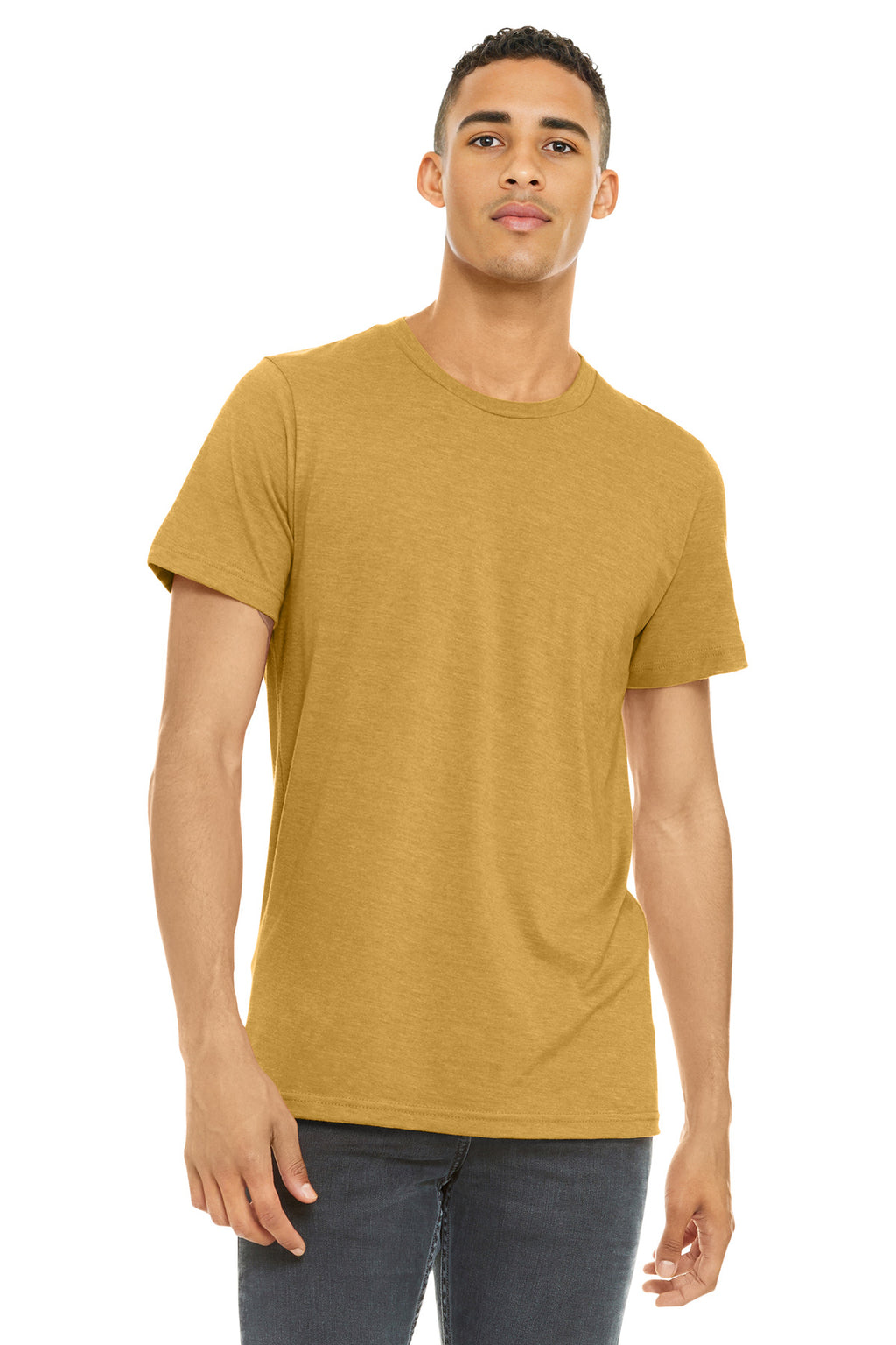 Front View of Ht Mustard BELLA+CANVAS Unisex Heather CVC Short Sleeve Tee. BC3001CVC