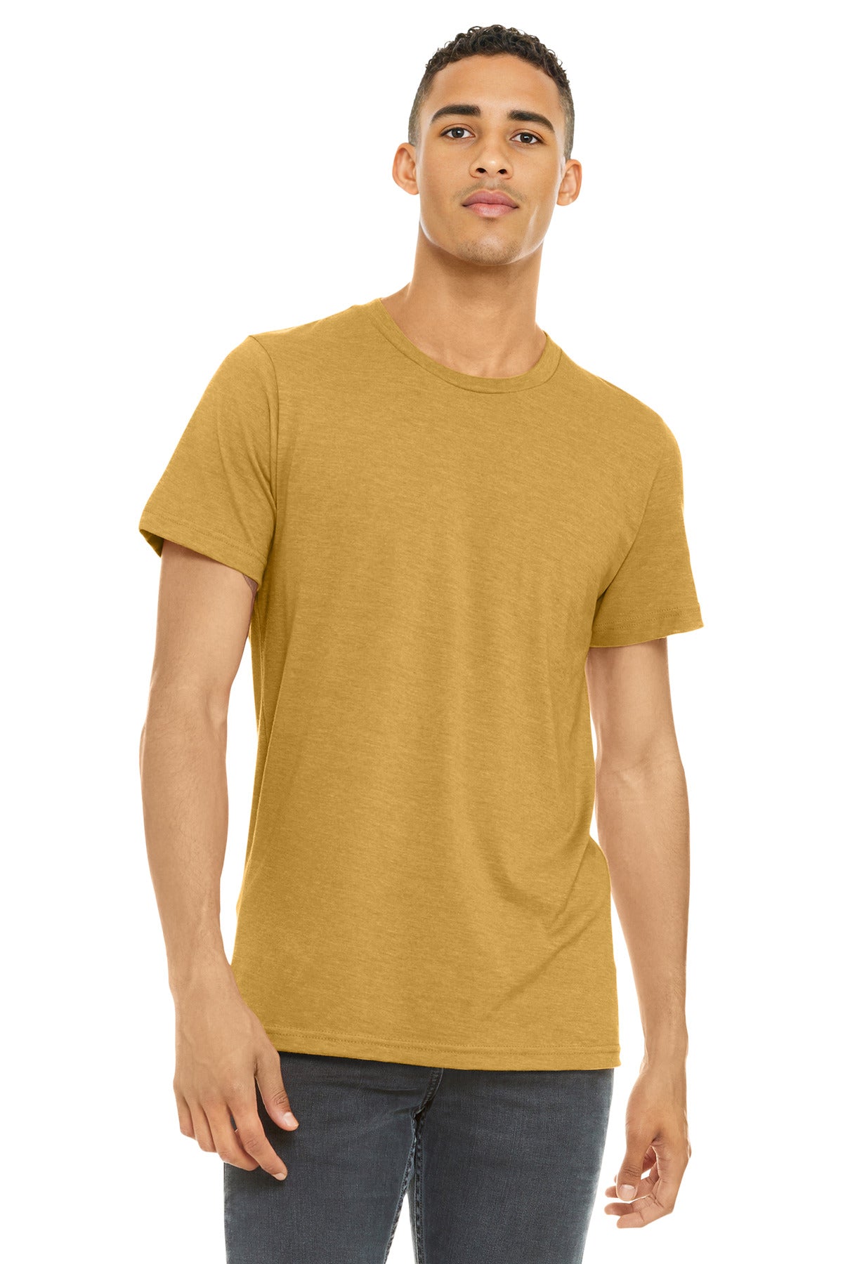Front View of Ht Mustard BELLA+CANVAS Unisex Heather CVC Short Sleeve Tee. BC3001CVC
