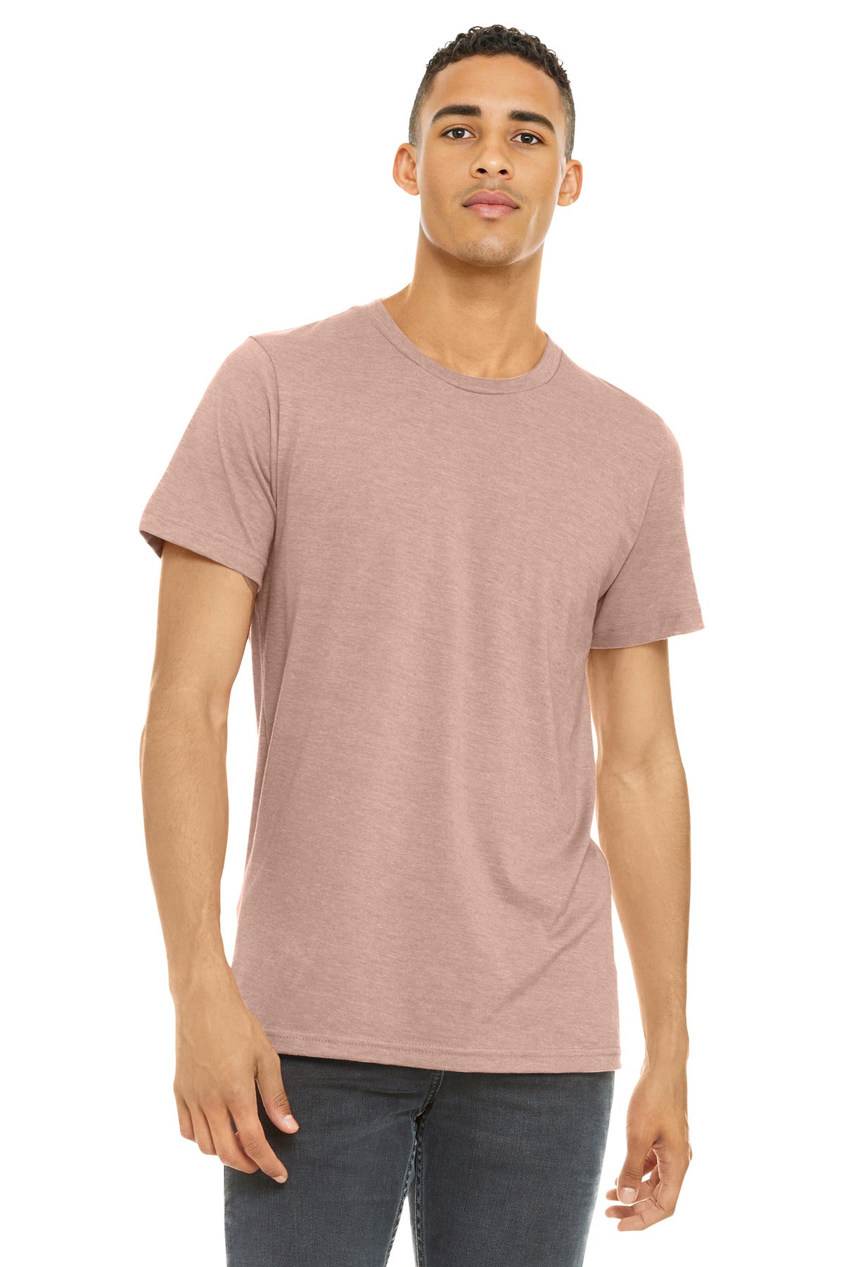 Front View of Ht Peach BELLA+CANVAS Unisex Heather CVC Short Sleeve Tee. BC3001CVC