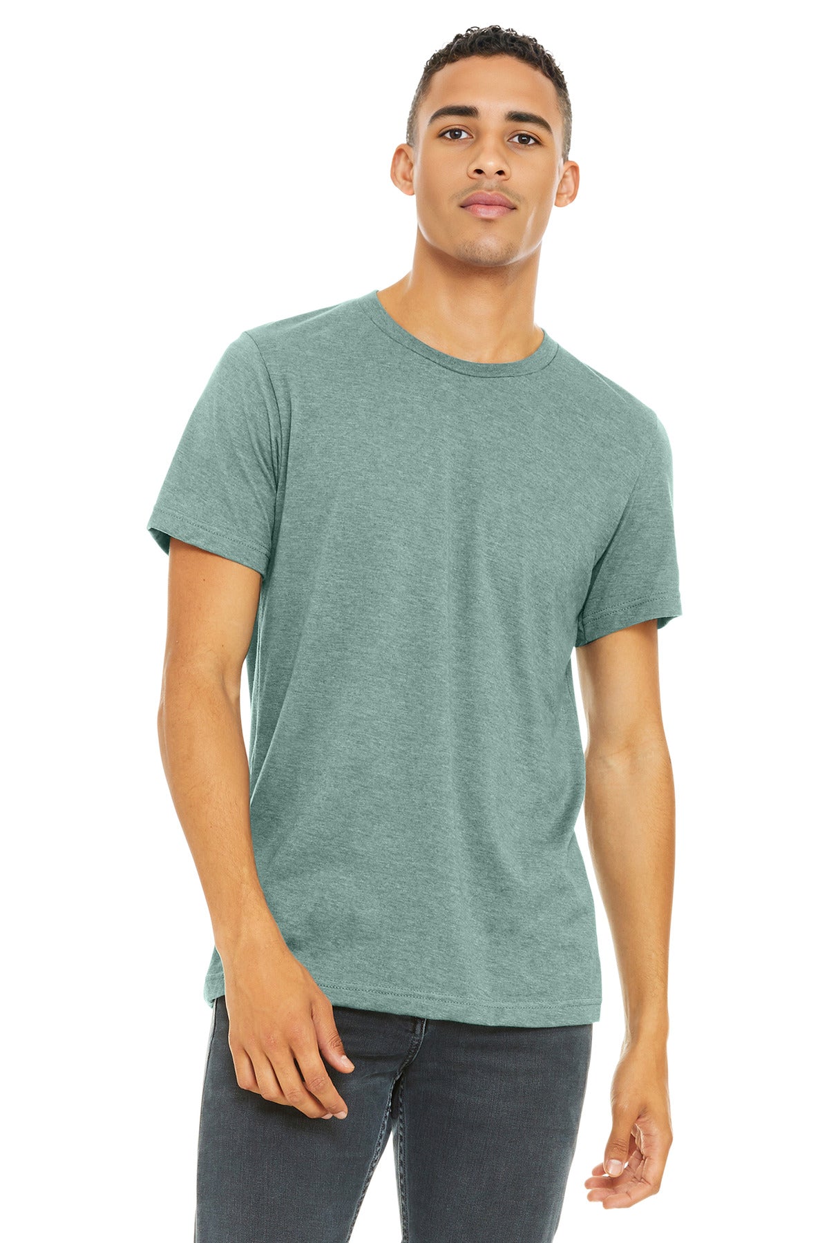 Front View of Ht Prm Dsty Bl BELLA+CANVAS Unisex Heather CVC Short Sleeve Tee. BC3001CVC