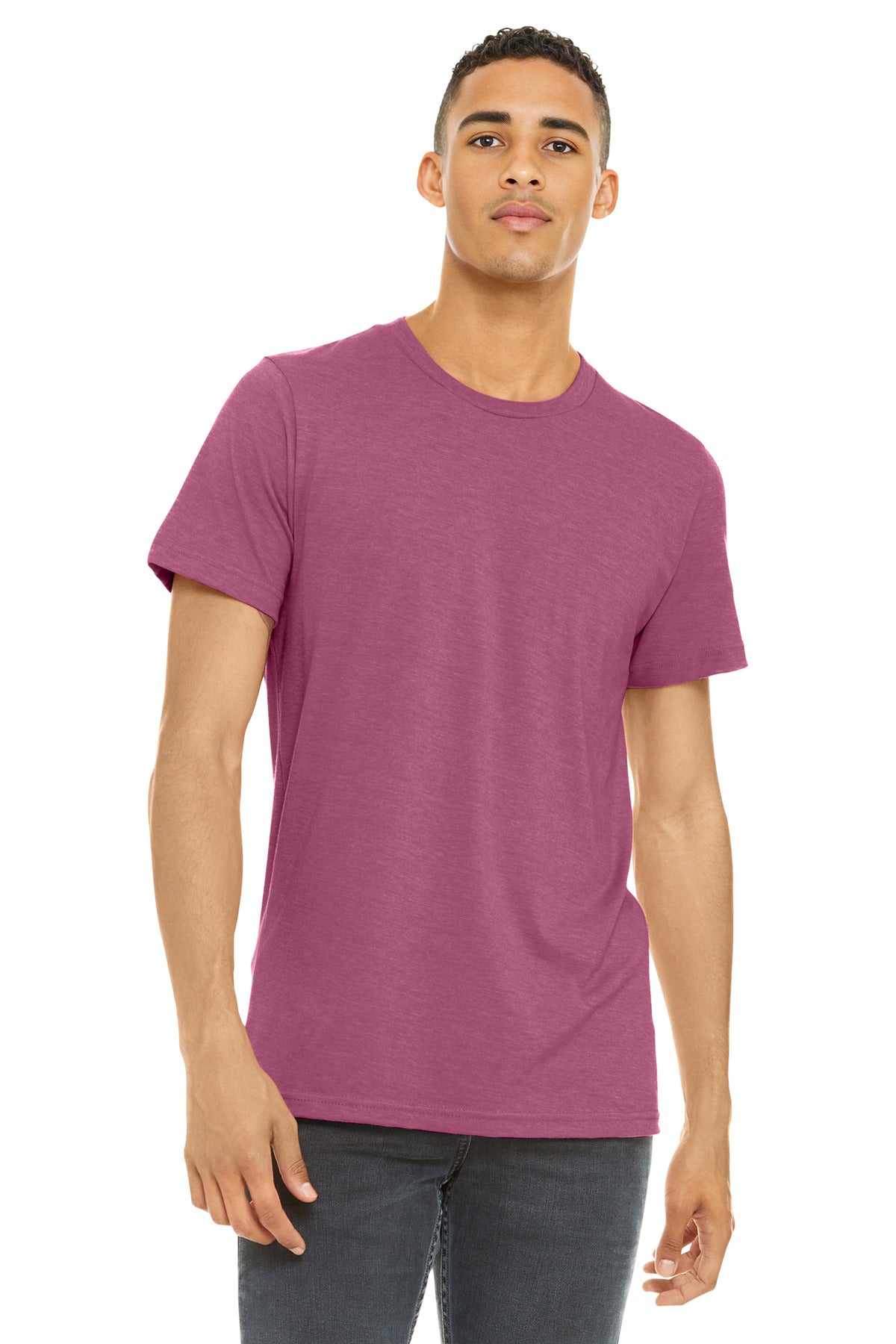 Front View of Ht Raspberry BELLA+CANVAS Unisex Heather CVC Short Sleeve Tee. BC3001CVC