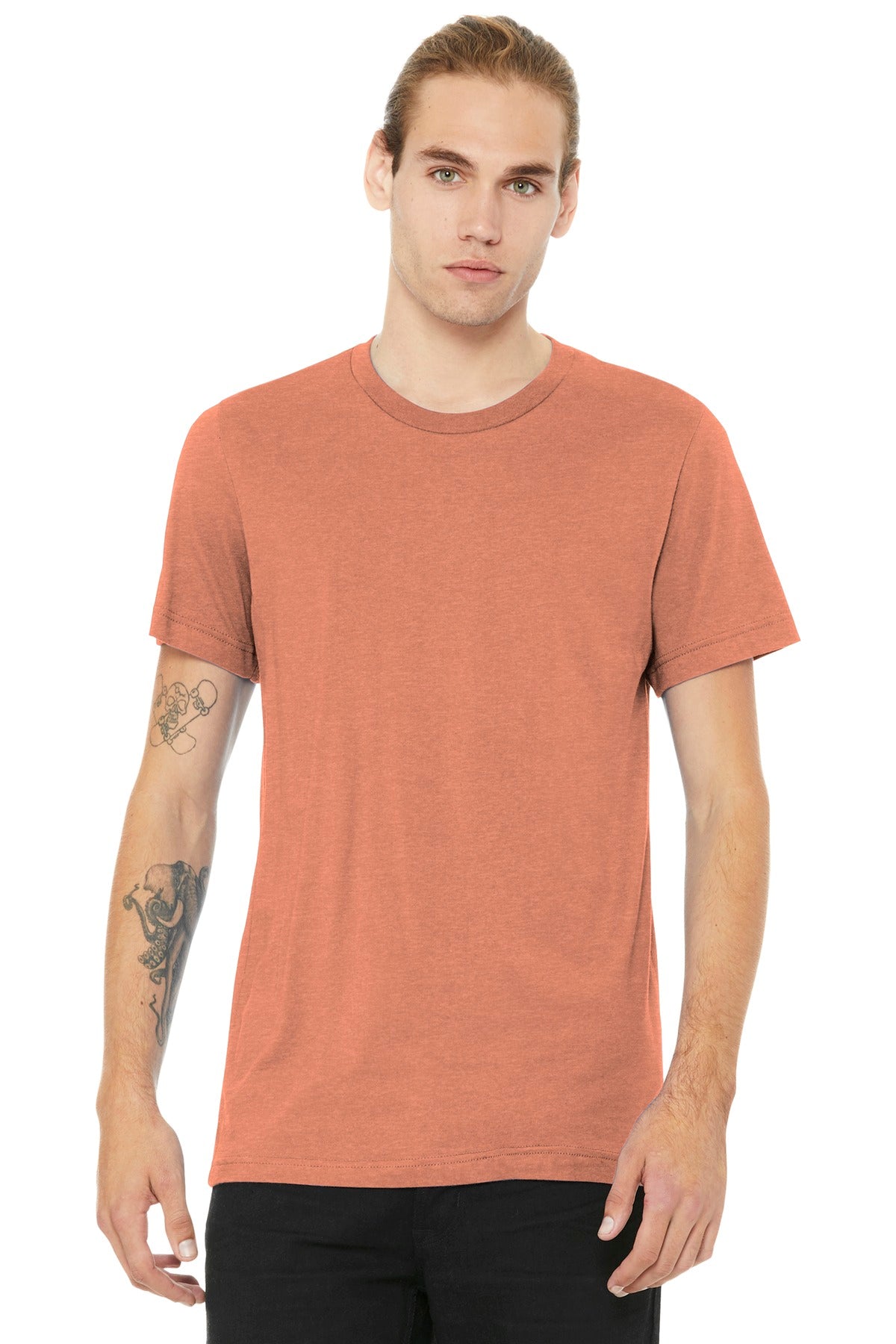 Front View of Ht Sunset BELLA+CANVAS Unisex Heather CVC Short Sleeve Tee. BC3001CVC
