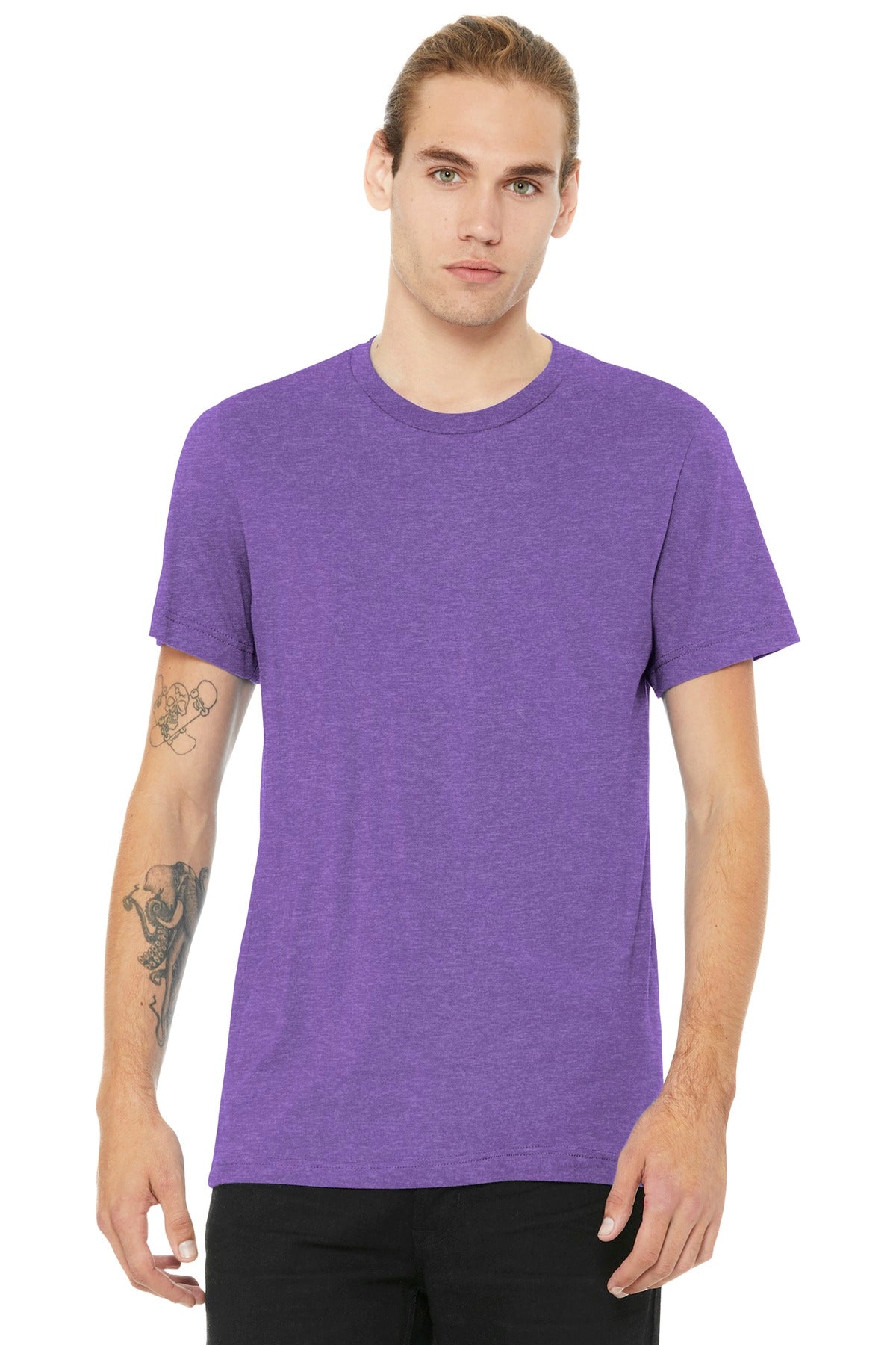 Front View of Ht Team Purple BELLA+CANVAS Unisex Heather CVC Short Sleeve Tee. BC3001CVC