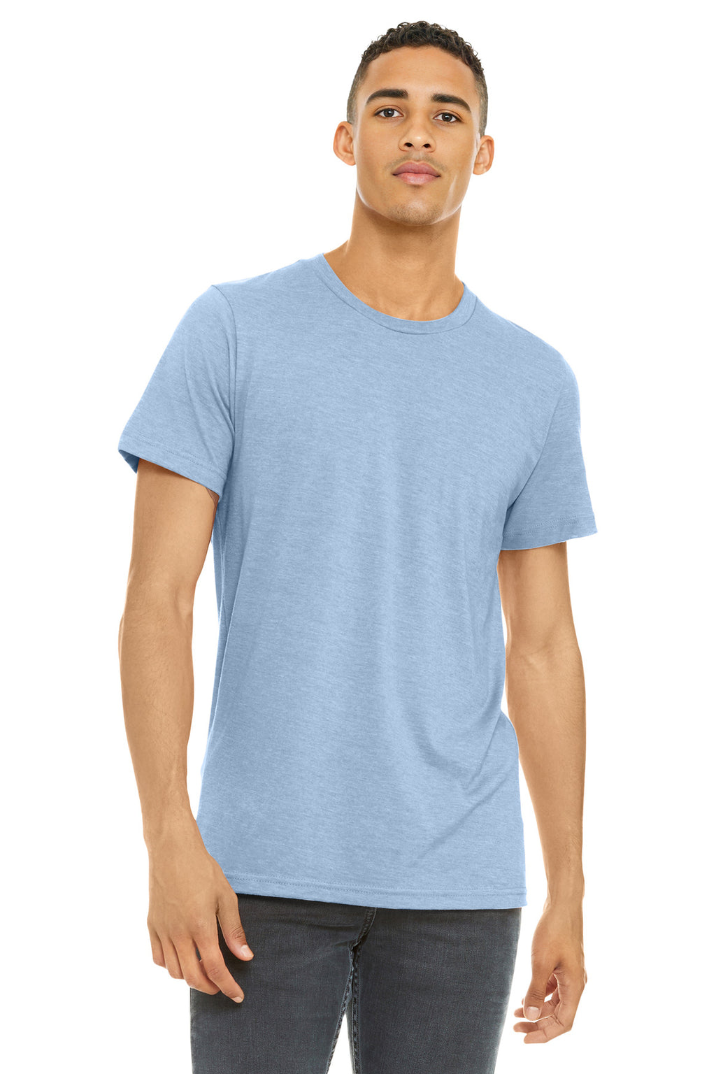Front View of HtBabyBlue BELLA+CANVAS Unisex Heather CVC Short Sleeve Tee. BC3001CVC